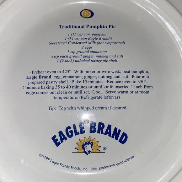 EAGLE BRAND Pie Plate Traditional Pumpkin Pie Recipe by Woodmere China 1999 - Picture 2 of 4